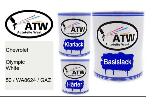 Chevrolet, Olympic White, 50 / WA8624 / GAZ: 1L Lackdose + 1L Klarlack + 500ml Härter - Set, von ATW Autoteile West.
